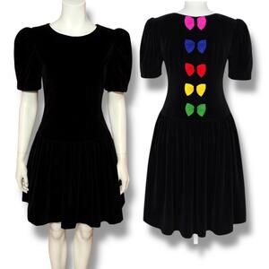 Vintage Black Velvet 80s Drop Waist Back Rainbow Bows Whimsygoth Dress 11/12 S